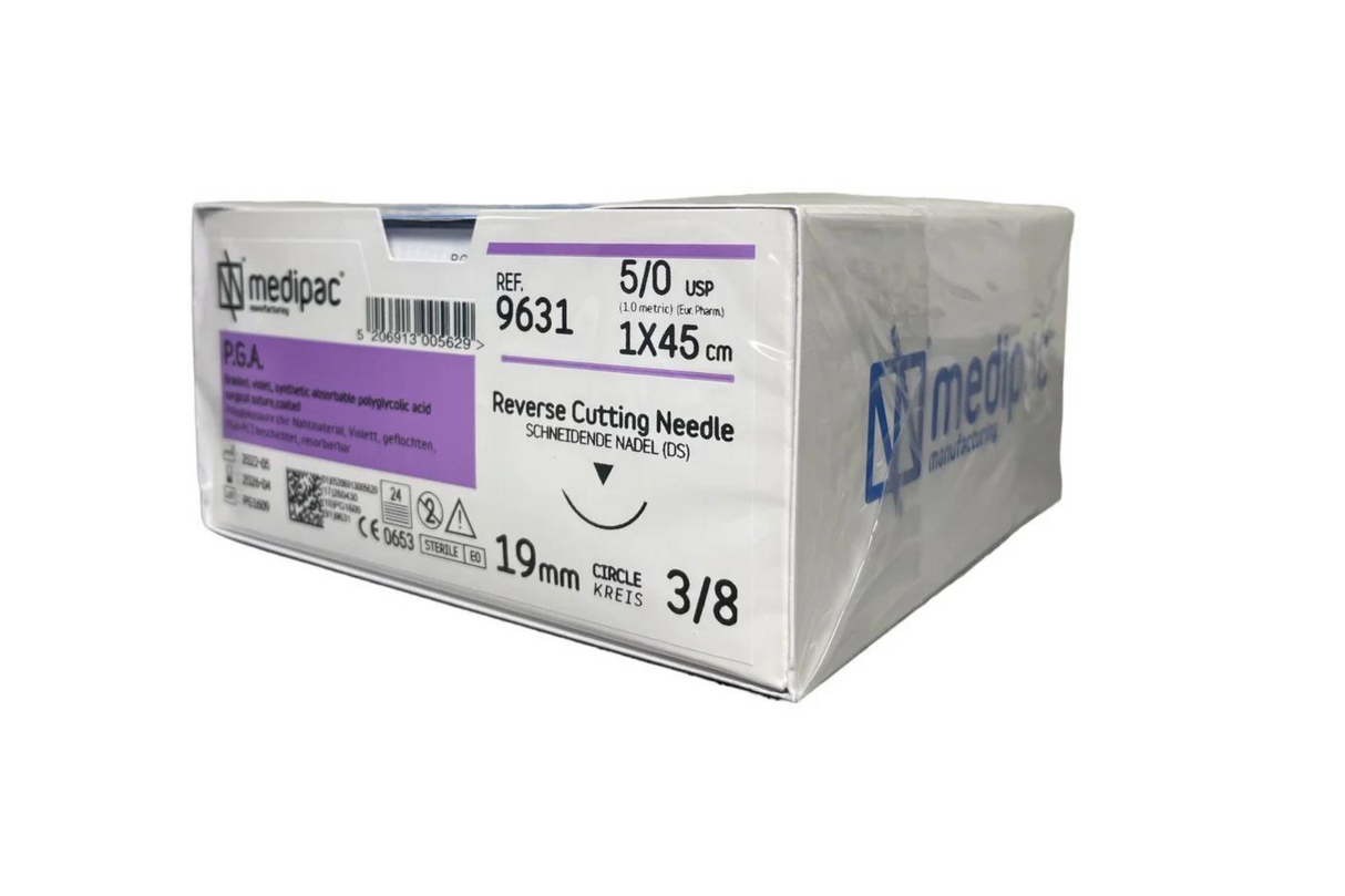 PGA - Flettet resorberbar sutur. Langsom resorberbar. Pakning med 24 stk.