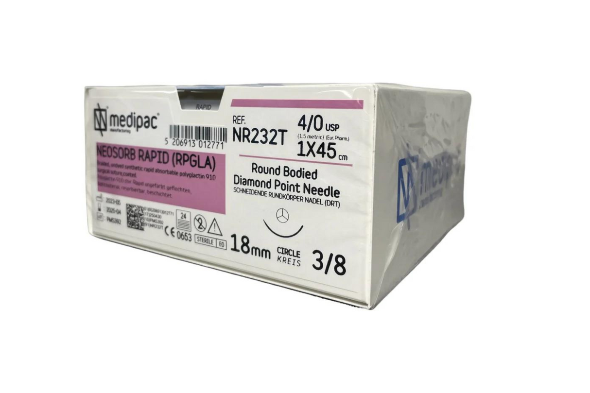 Neosorb (svare til Vicryl rapid) - Flettet rapid sutur med rund pointet nål. Hurtig resorberbar. Pakning med 24 stk.
