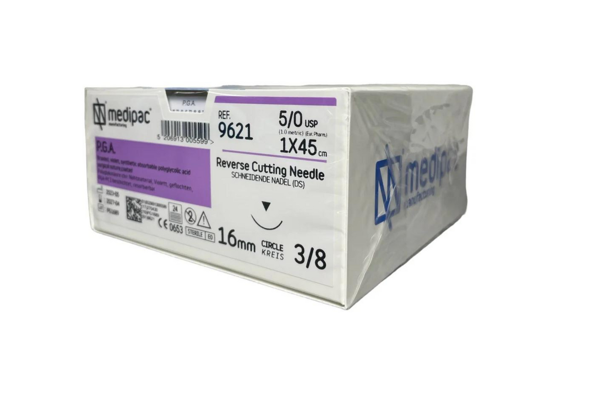 PGA - Flettet resorberbar sutur. Langsom resorberbar. Pakning med 24 stk.